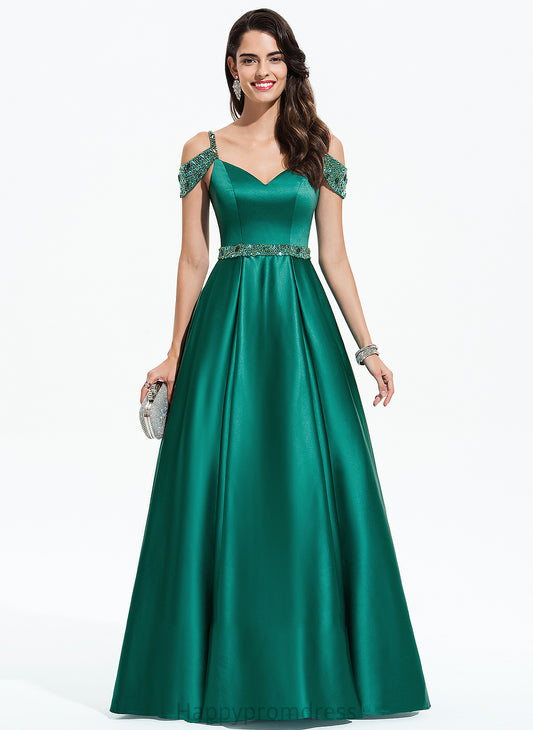 Satin Floor-Length Sequins With Elle Prom Dresses Beading Ball-Gown/Princess V-neck