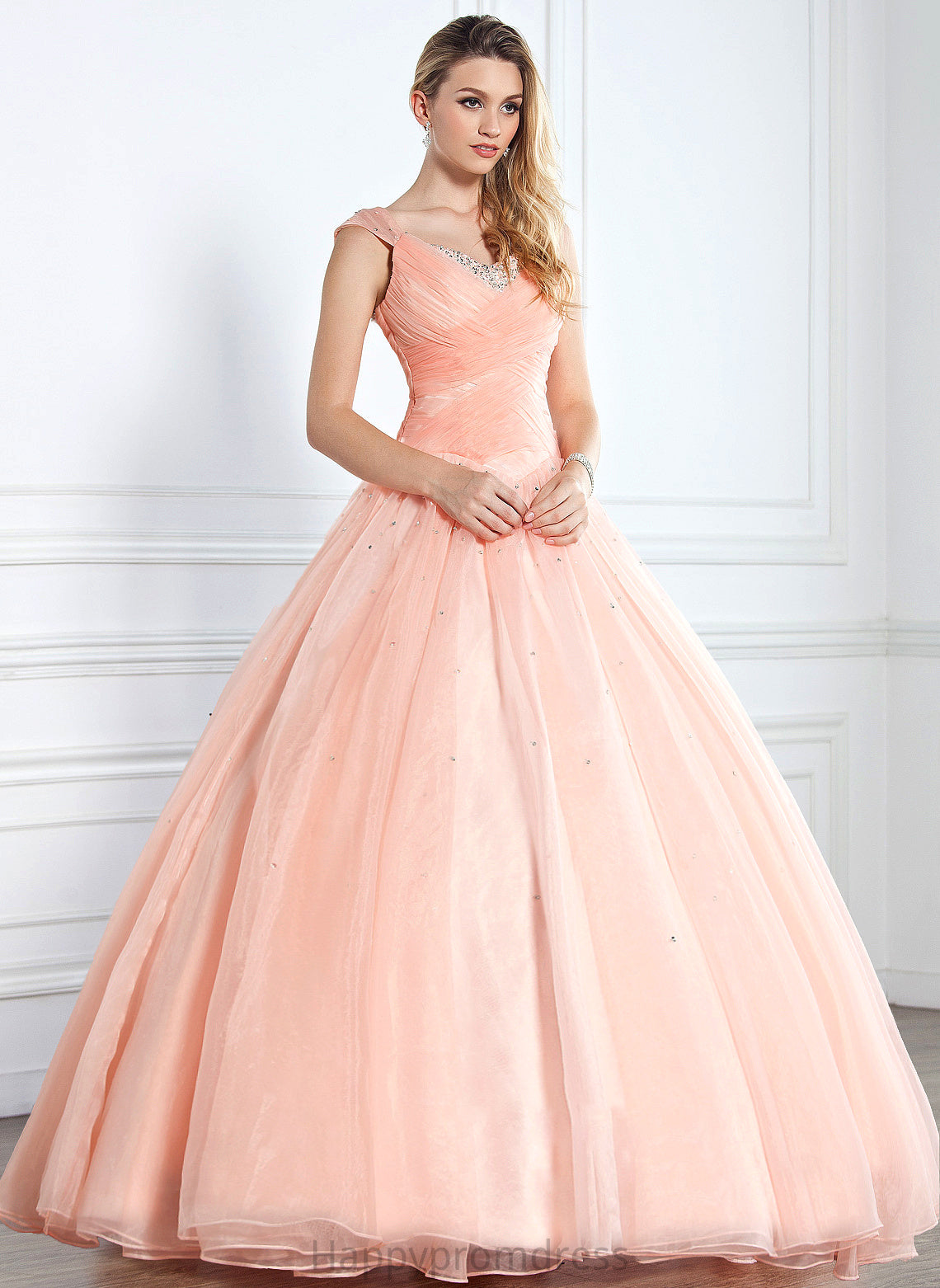 Ball-Gown/Princess V-neck With Taryn Organza Ruffle Sequins Prom Dresses Beading Floor-Length