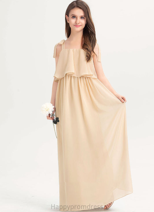 Square Irene Ruffles Junior Bridesmaid Dresses Chiffon Floor-Length A-Line Bow(s) With Cascading Neckline