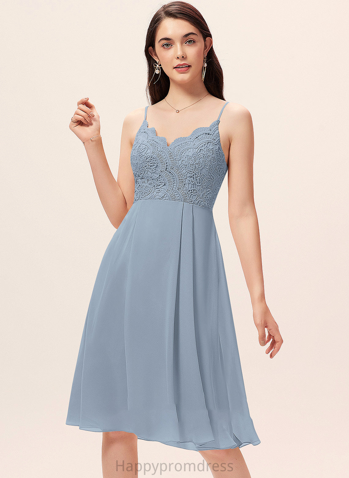 Knee-Length Lace Neckline A-Line V-neck Straps Silhouette Length Fabric Mariana Scoop Sleeveless Bridesmaid Dresses