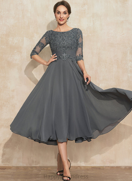 the Mother of the Bride Dresses Lace Dress Mother of Bride Sequins Chiffon Tea-Length A-Line With Harmony Neck Scoop