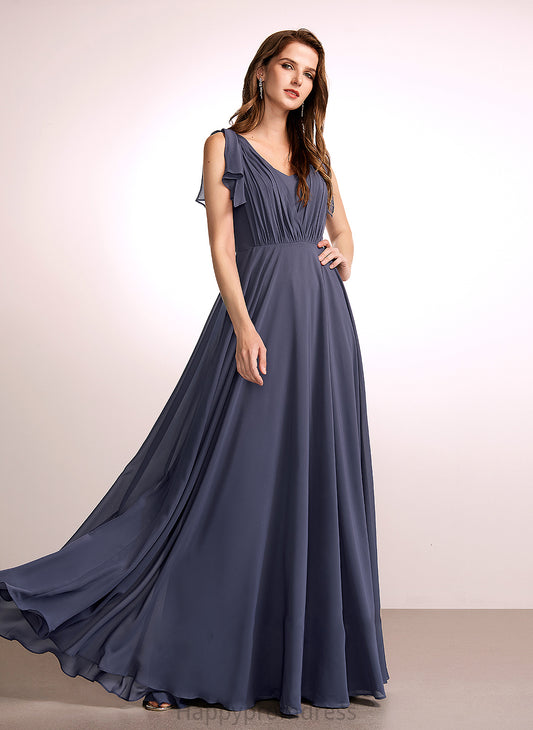 Floor-Length Fabric Ruffle Neckline Length Silhouette V-neck Embellishment A-Line Kendal Spaghetti Staps Sleeveless Bridesmaid Dresses