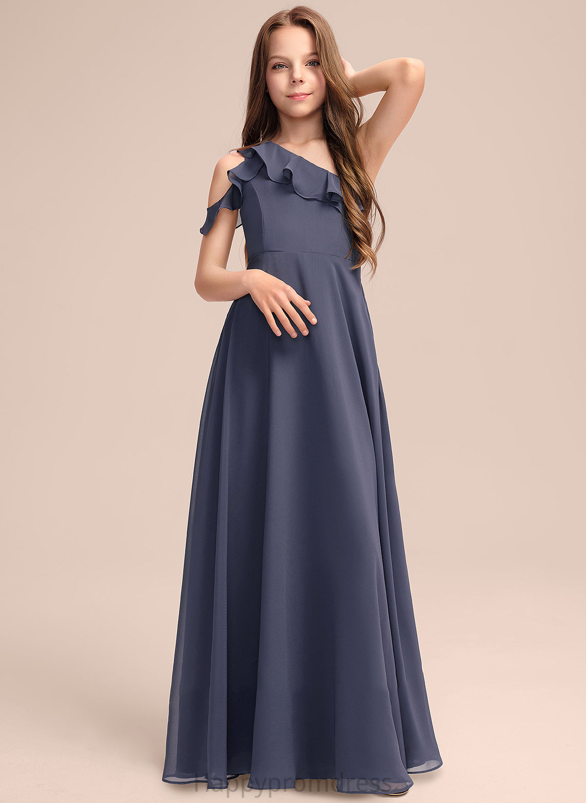 One-Shoulder A-Line Cascading Ruffles Floor-Length Chiffon Junior Bridesmaid Dresses With Viola