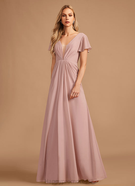 Ruffle Embellishment Floor-Length A-Line Fabric V-neck Silhouette Length Neckline Aiyana Spaghetti Staps Sleeveless Bridesmaid Dresses