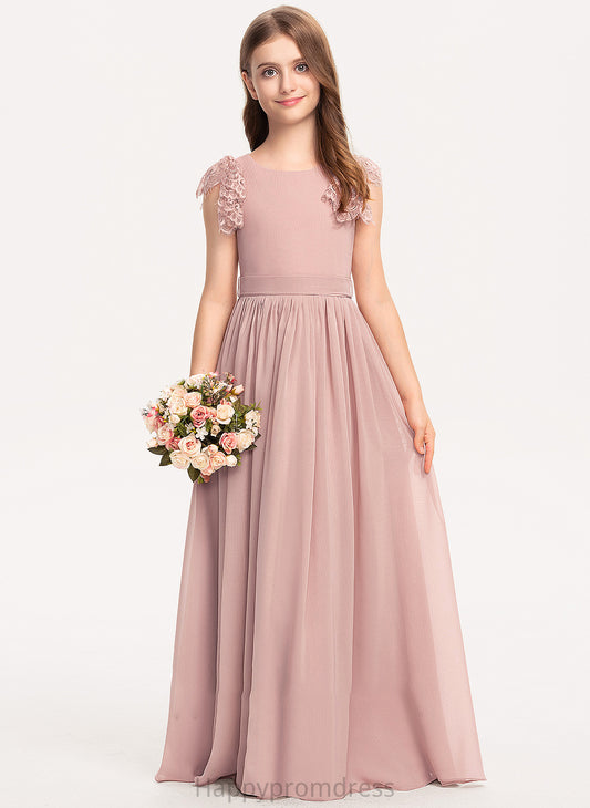 A-Line Chiffon Lace Bow(s) Scoop With Junior Bridesmaid Dresses Floor-Length Virginia Neck