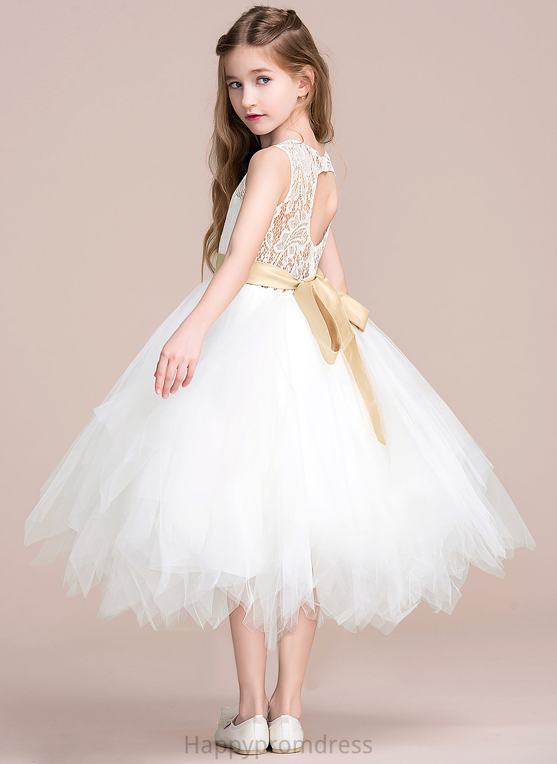 Tulle/Lace Sleeveless Sash/Back (Detachable Dress sash) Neck A-Line Morgan Flower With Flower Girl Dresses - Hole Tea-length Girl Scoop