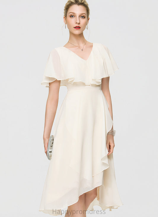 Wedding Cascading V-neck Ruffles Chiffon Wedding Dresses Michelle With Asymmetrical Bow(s) Dress A-Line