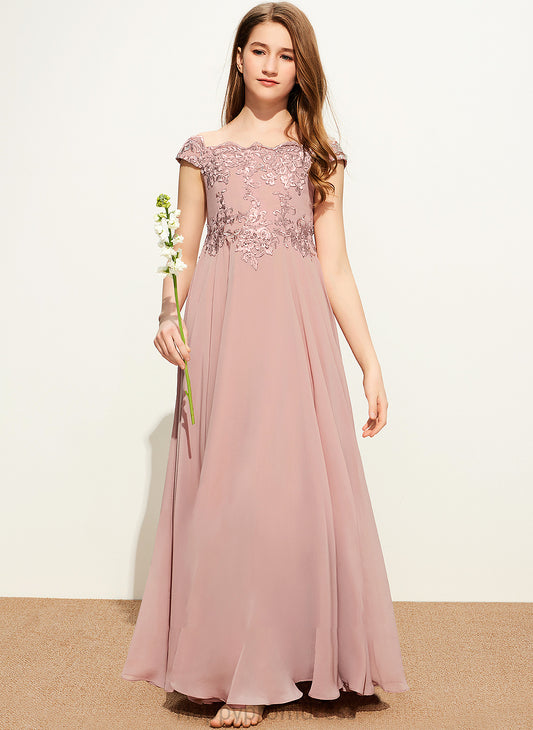 Off-the-Shoulder Floor-Length Cheryl Junior Bridesmaid Dresses Chiffon Lace A-Line