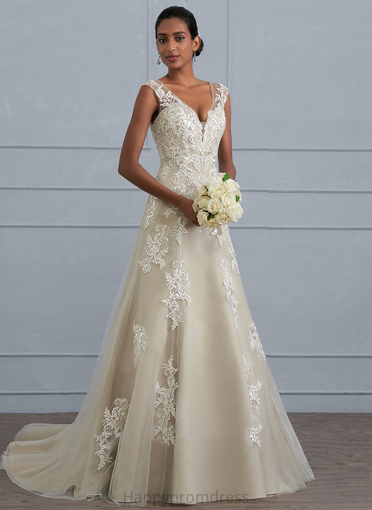 Lace Beading Court Wedding Train Tulle Ginny Sequins With Dress A-Line Wedding Dresses V-neck