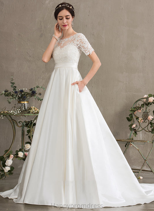 With Satin Scoop Wedding Dresses Train Court Wedding Sequins Miranda Pockets Ball-Gown/Princess Neck Dress Beading