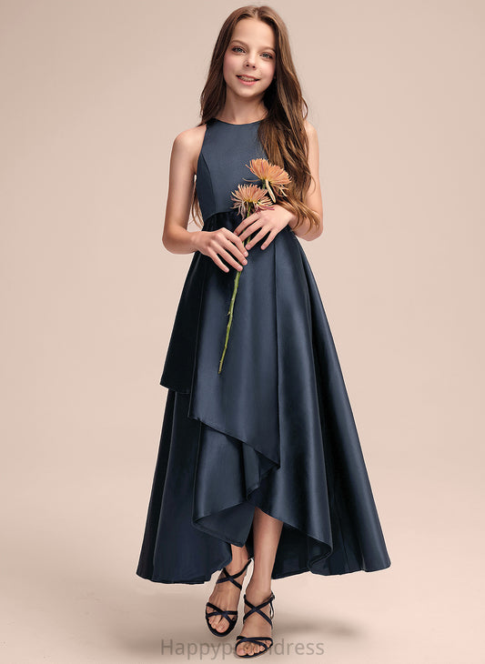 Cascading Junior Bridesmaid Dresses A-Line Ruffles Asymmetrical Satin With Kaila Scoop Neck