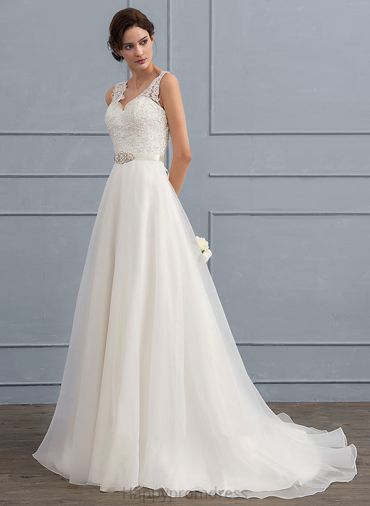 A-Line Beading V-neck Bow(s) Michaela With Dress Train Organza Wedding Wedding Dresses Sweep