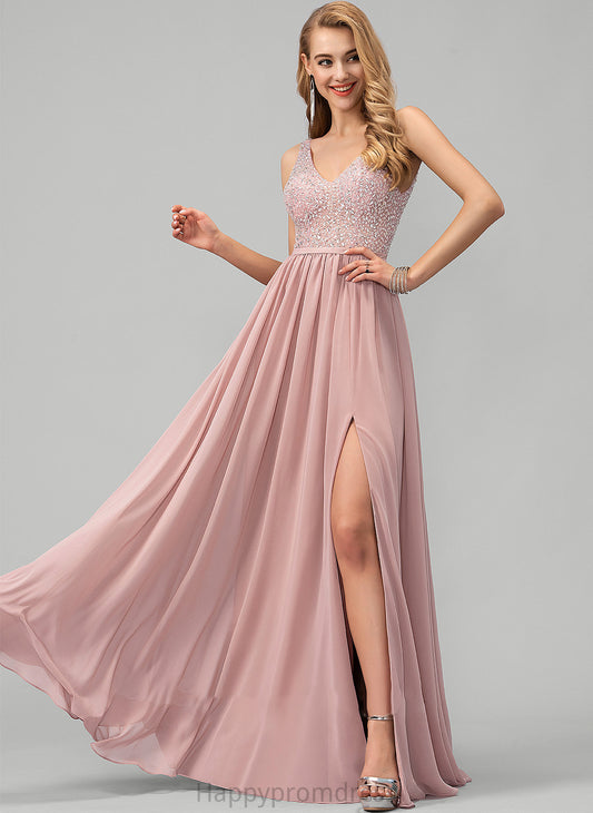 Floor-Length Beading V-neck Paola Prom Dresses Front A-Line Chiffon With Sequins Split