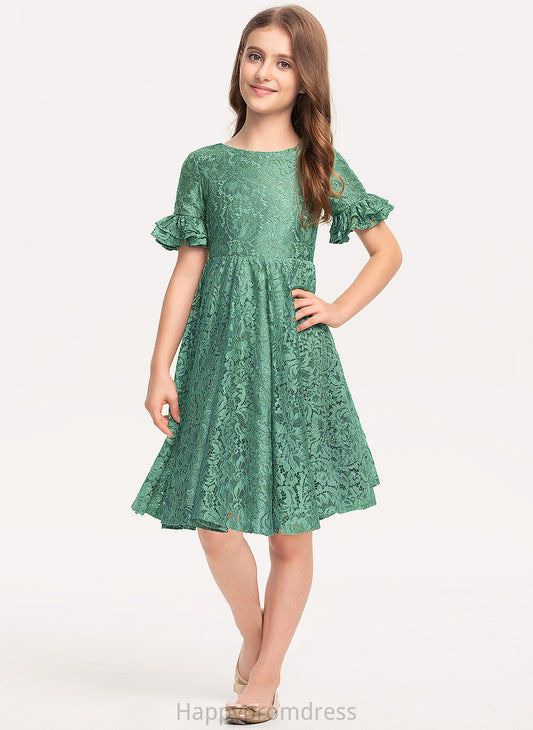 Ruffles Neck Knee-Length With Junior Bridesmaid Dresses A-Line Cascading Scoop Abbie Lace