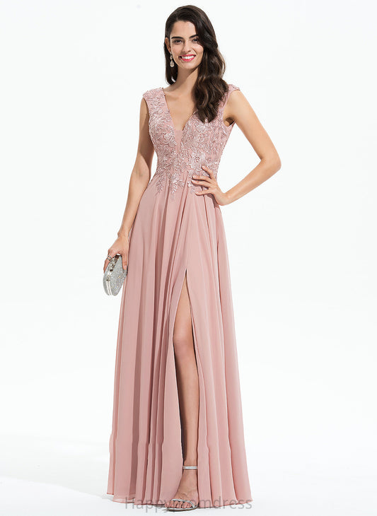 Front A-Line Split Ruth Floor-Length Prom Dresses With Chiffon Lace V-neck