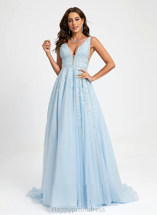 Prom Dresses Ball-Gown/Princess Train Savannah Beading Tulle Lace With V-neck Sweep