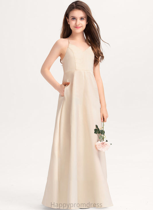 A-Line Katherine V-neck Junior Bridesmaid Dresses Satin Pockets Floor-Length With