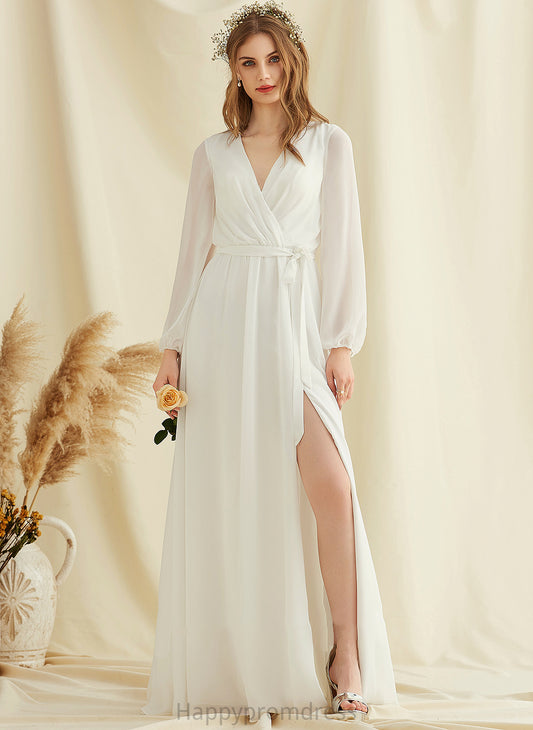 V-neck Split Front Wedding Floor-Length A-Line Dress Chiffon Jess Wedding Dresses With