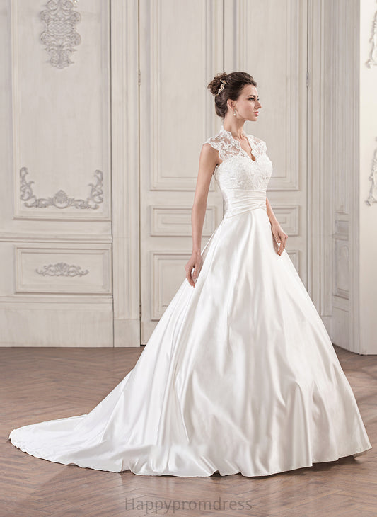 Ruffle Train Lace With Ball-Gown/Princess V-neck Wedding Dresses Satin Wedding Court Madeline Dress