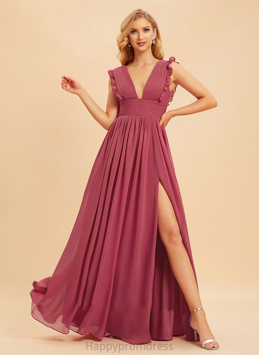 SplitFront A-Line V-neck Ruffle Neckline Embellishment Length Silhouette Fabric Floor-Length Leyla Floor Length Bridesmaid Dresses