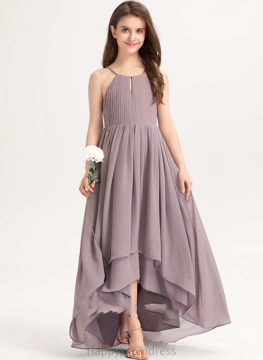 Junior Bridesmaid Dresses Bow(s) Ruffle Krista Asymmetrical Neck A-Line With Scoop Chiffon