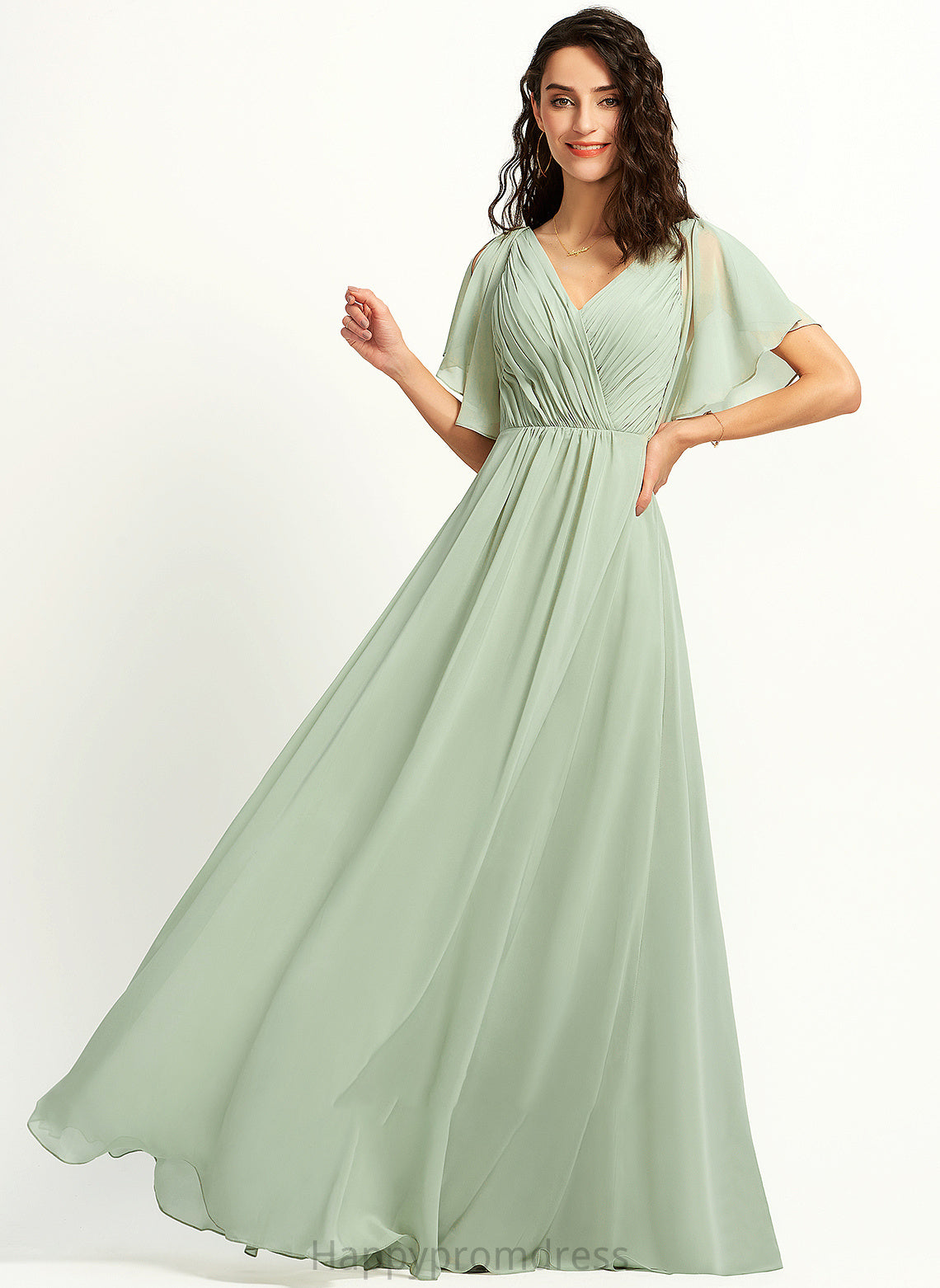 A-Line Ruffle Embellishment Floor-Length Neckline Fabric Silhouette V-neck Length Amirah A-Line/Princess Sleeveless Bridesmaid Dresses