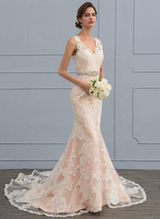 Tulle Wedding Taryn Lace V-neck With Wedding Dresses Trumpet/Mermaid Beading Train Dress Chapel