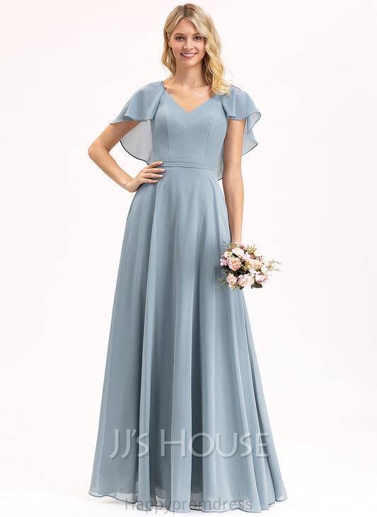 Embellishment V-neck Neckline Fabric Length Silhouette CascadingRuffles A-Line Floor-Length Iliana Sleeveless A-Line/Princess Bridesmaid Dresses