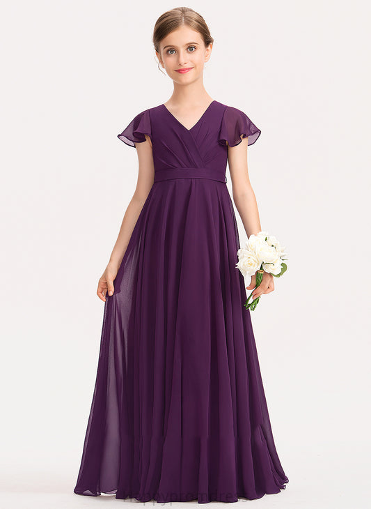 A-Line Cascading Bow(s) Hilary With Chiffon Ruffles V-neck Junior Bridesmaid Dresses Floor-Length