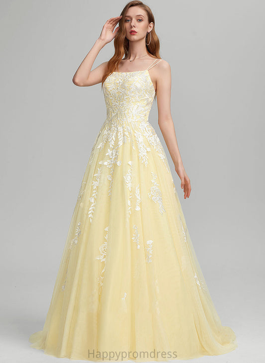 Ball-Gown/Princess Train Helen Sweep Tulle Neckline Square Prom Dresses