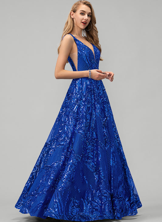 V-neck Sloane Prom Dresses Floor-Length Sequined A-Line Sequins With