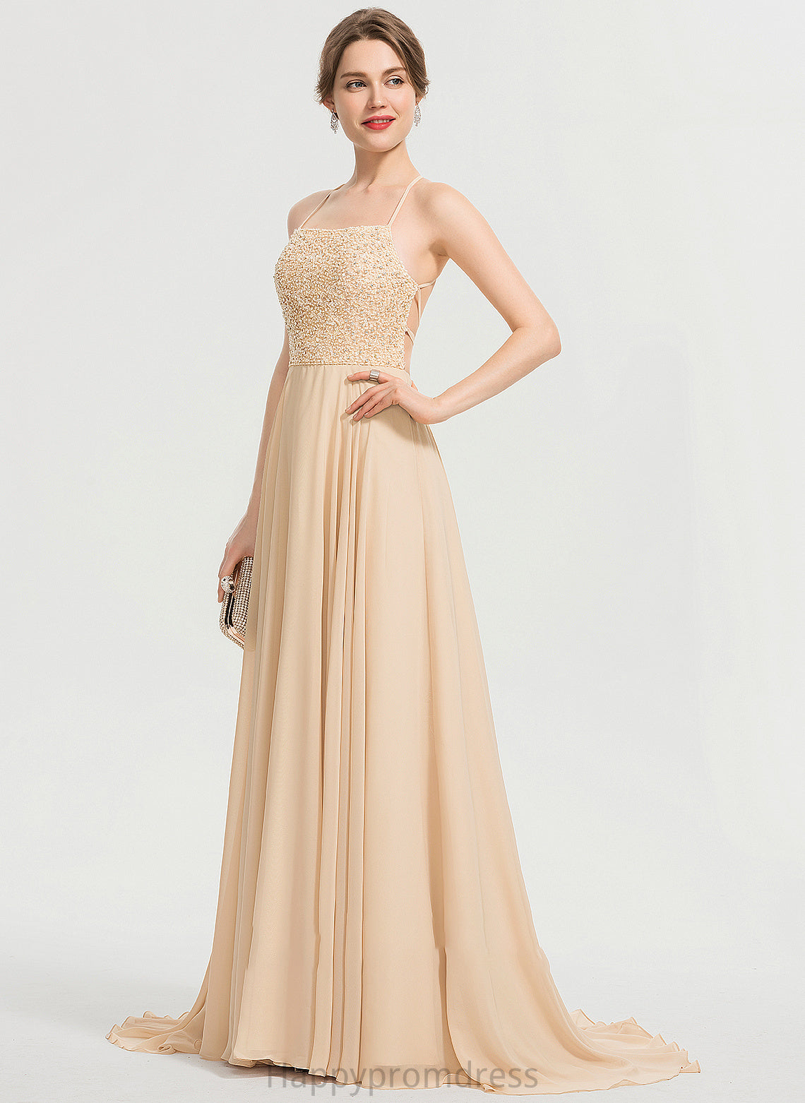 Sweep Train With Prom Dresses Square Neckline Sal Sequins Beading Chiffon A-Line