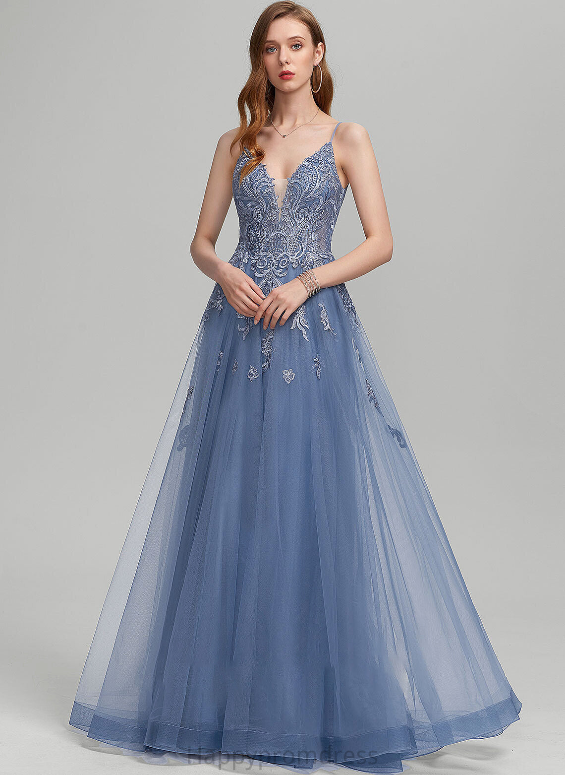 Sequins With A-Line V-neck Tulle Floor-Length Adelaide Prom Dresses