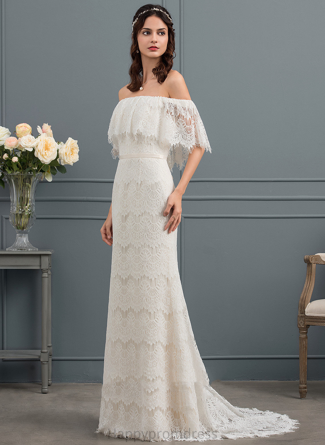 With Trumpet/Mermaid Sweep Dress Off-the-Shoulder Bow(s) Wedding Dresses Train Aria Wedding Lace