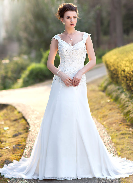 Wedding Dresses Court With Briana A-Line Chiffon Train Sequins Beading V-neck Dress Lace Wedding