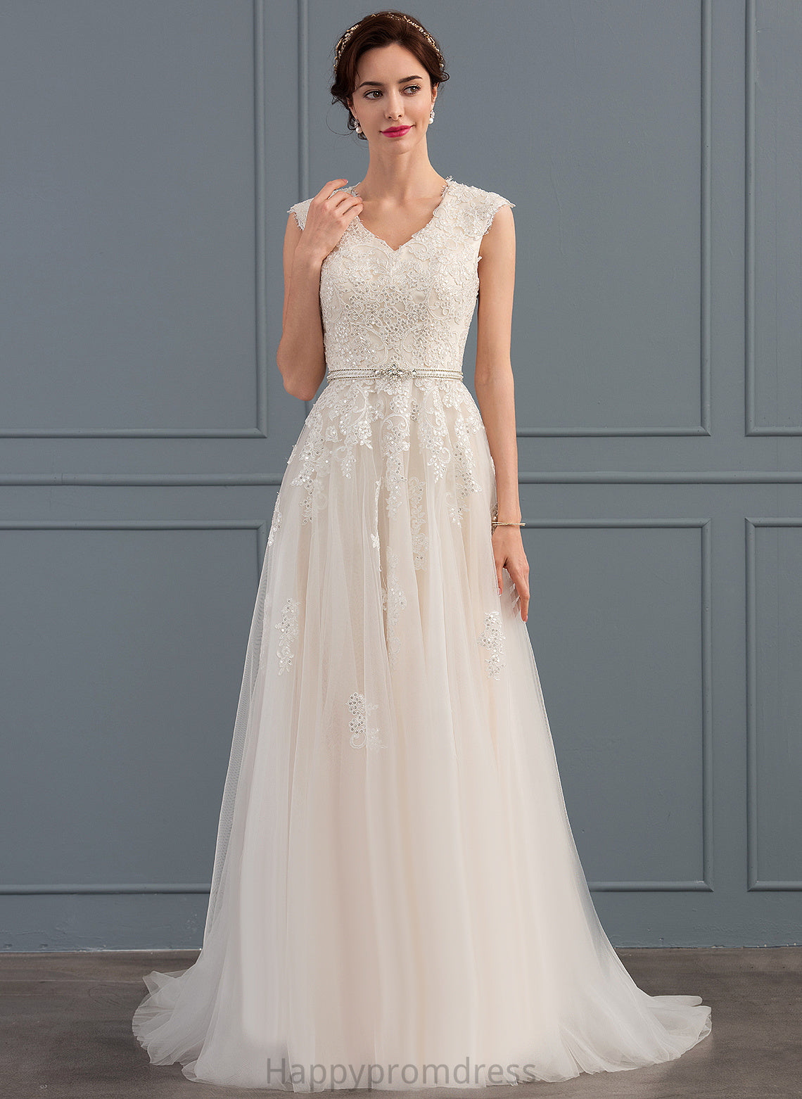 Sweep Tulle Sequins Wedding V-neck Maci Dress Beading Lace Bow(s) A-Line Train With Wedding Dresses