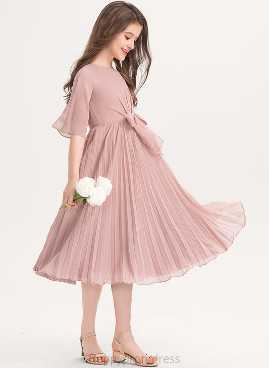 Knee-Length Sidney Neck Pleated Junior Bridesmaid Dresses Chiffon Bow(s) With A-Line Scoop