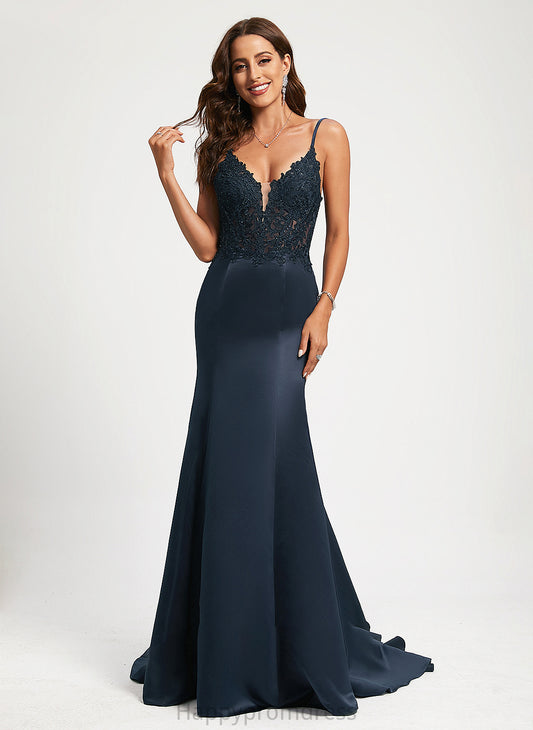 Train Sweep V-neck Trumpet/Mermaid Lace Millicent Sequins Prom Dresses With Satin