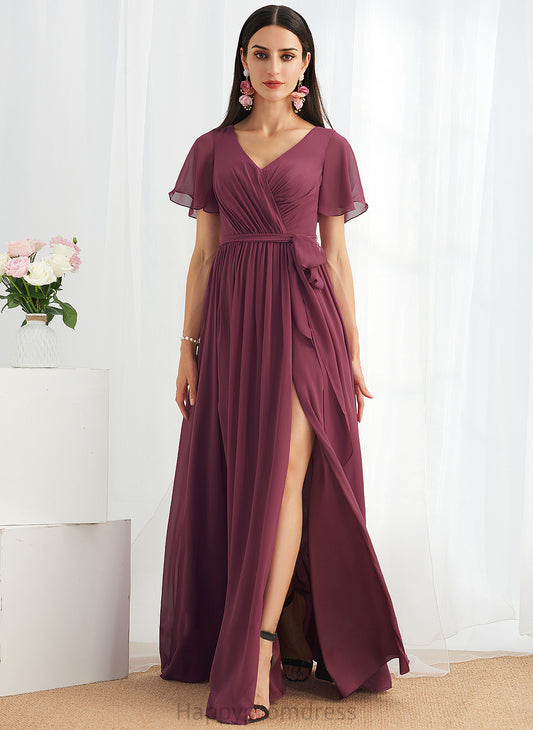 Length Floor-Length V-neck Fabric Silhouette A-Line Neckline Embellishment SplitFront Gloria Spaghetti Staps Natural Waist Bridesmaid Dresses