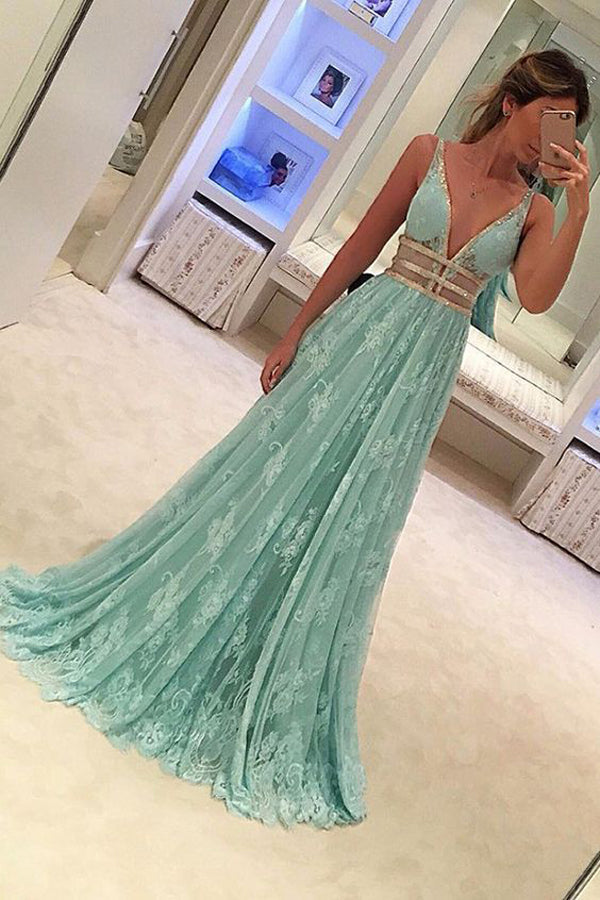 Mint A Line Sweep Train Deep V Neck Sleeveless Prom Dresses