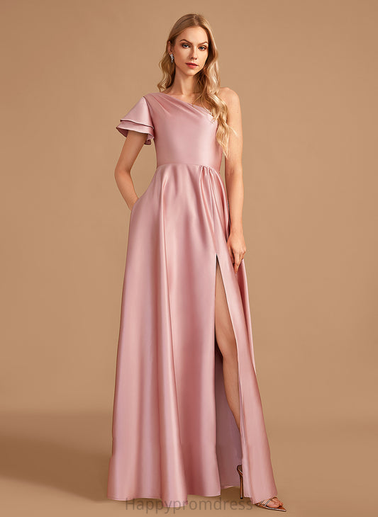 Embellishment Fabric Length Silhouette A-Line Floor-Length SplitFront Neckline One-Shoulder Laylah Natural Waist Short Sleeves Bridesmaid Dresses