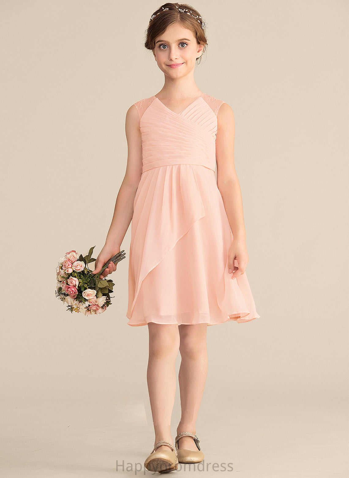 Caitlyn Cascading Knee-Length With A-Line Junior Bridesmaid Dresses Chiffon Ruffles Lace V-neck