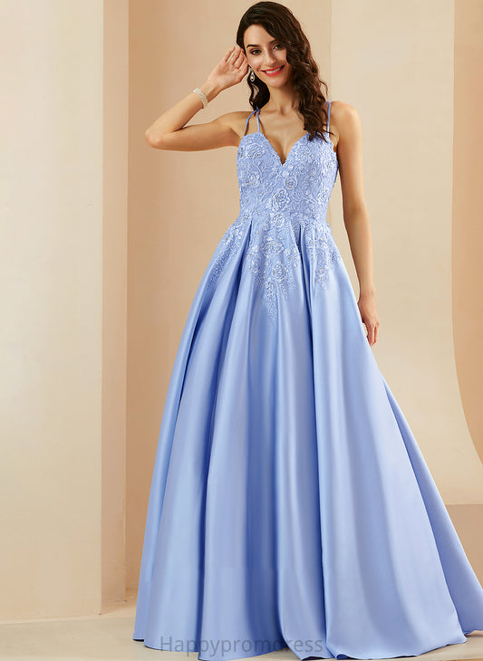 V-neck Ball-Gown/Princess Floor-Length Beading Satin Mckenzie With Sequins Prom Dresses