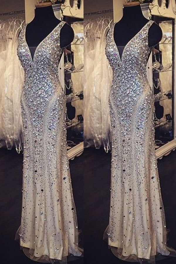 Golden Sheath Floor Length Deep V Neck Sleeveless Beading Long Prom Dresses