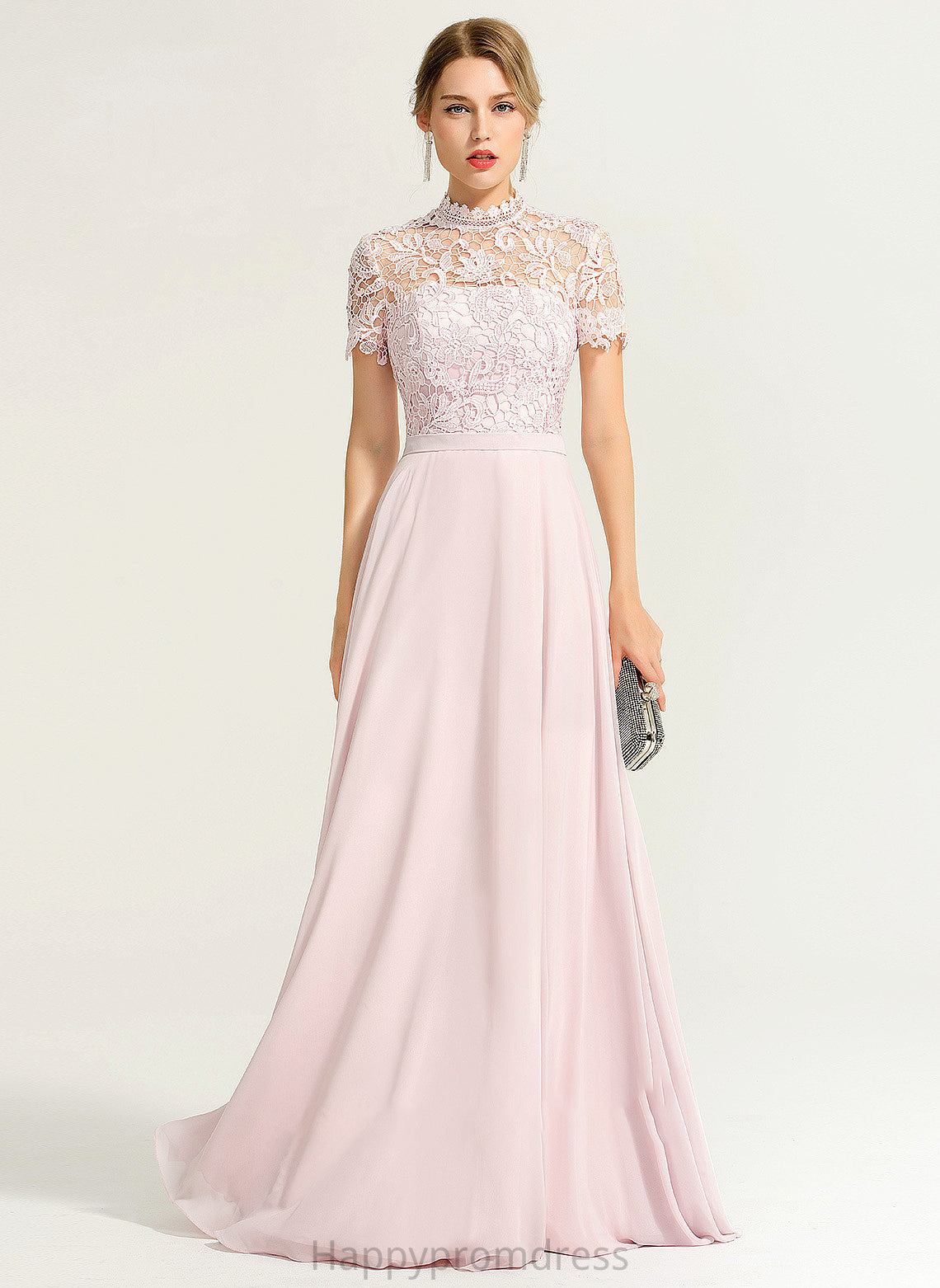 A-Line Chiffon Prom Dresses With High Sequins Una Neck Floor-Length