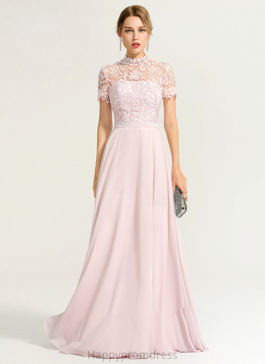 A-Line Chiffon Prom Dresses With High Sequins Una Neck Floor-Length