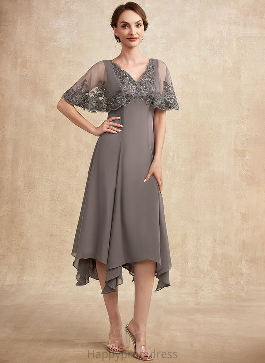 Beading Destiny of Dress Sequins With V-neck Bride Lace Mother the Mother of the Bride Dresses Tea-Length A-Line Chiffon