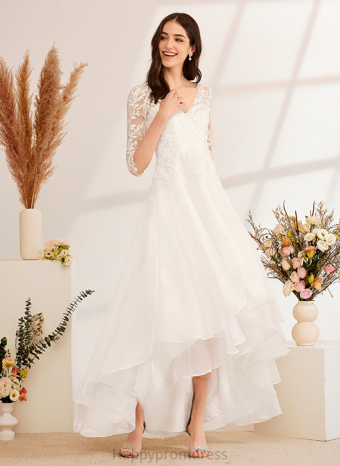 Wedding Dresses Tulle Alana With A-Line V-neck Asymmetrical Wedding Beading Sequins Lace Dress