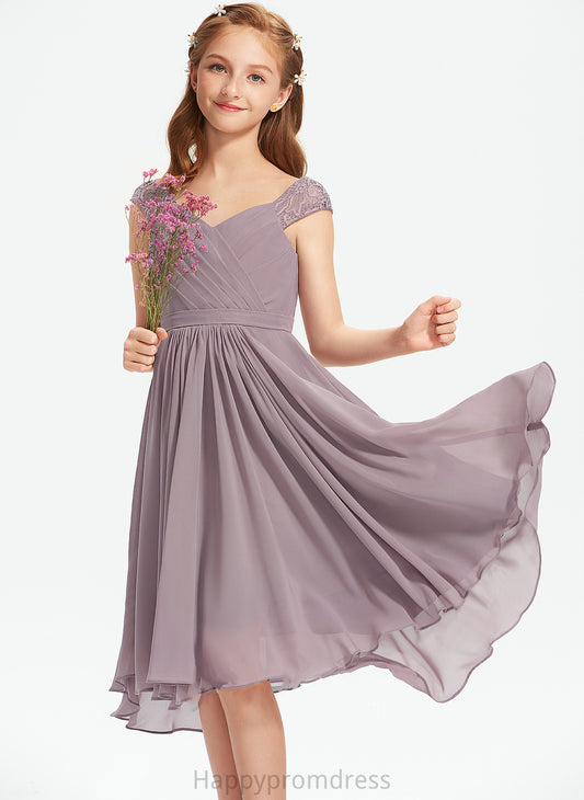 Junior Bridesmaid Dresses Lace Adeline Knee-Length A-Line V-neck With Ruffle Chiffon