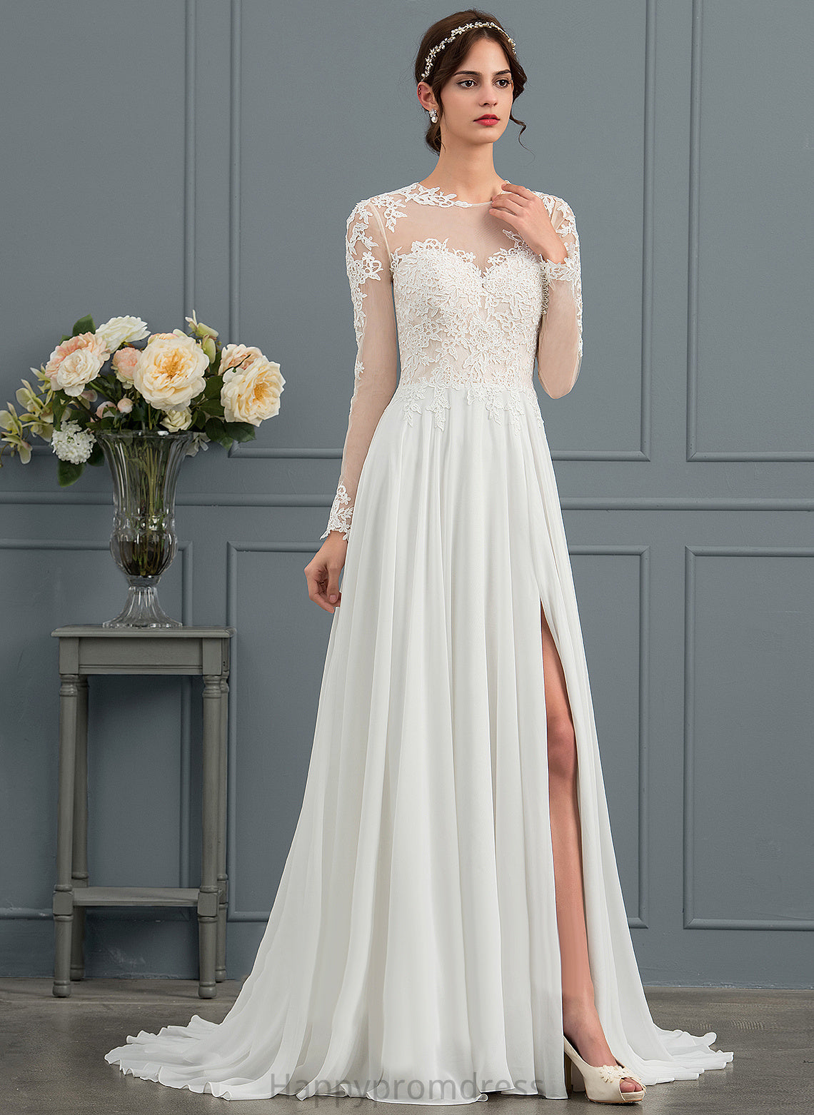 Janiah With Tulle Train Split Illusion Appliques Wedding Sweep Dress Lace Front A-Line Wedding Dresses Chiffon